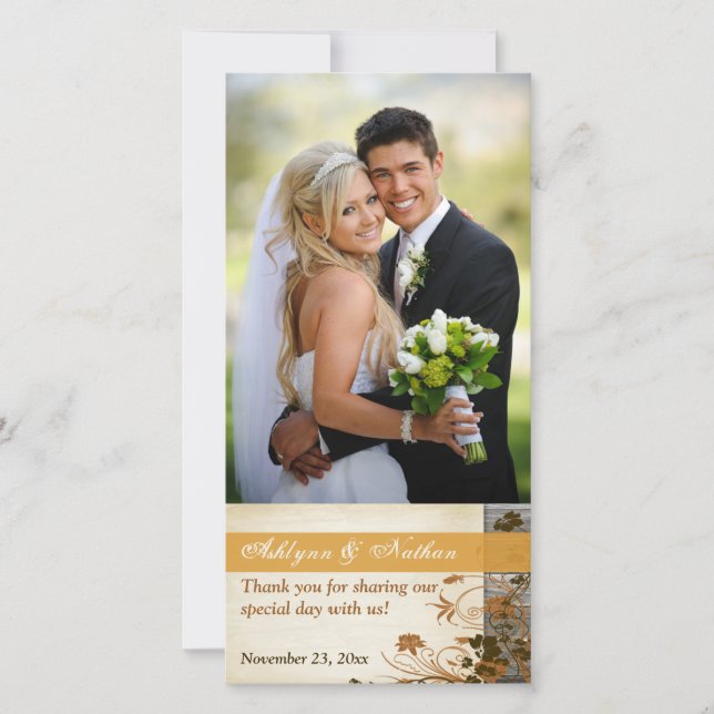 Autumn Flowers, FAUX Wood Wedding Photo Card 2 (Front)