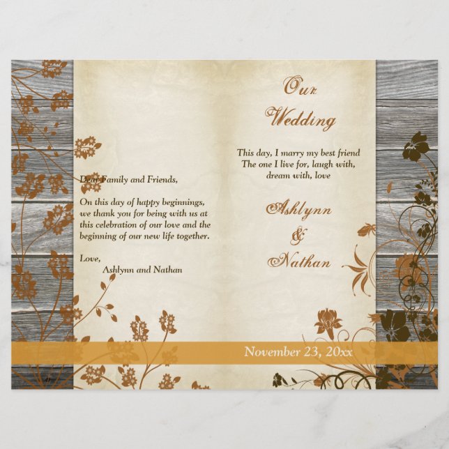 Autumn Flowers, FAUX Wood Wedding Program (Front)