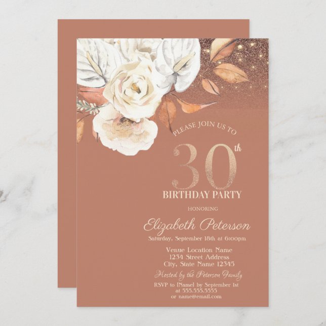 Autumn Flowers Lights Glitter 30th Birthday Invitation (Front/Back)