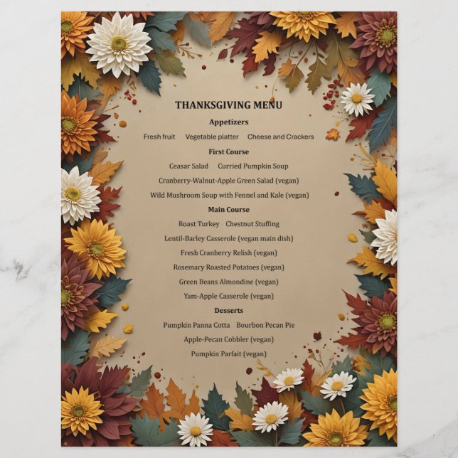 Autumn Flowers Menu Invitation Custom Letterhead (Front)