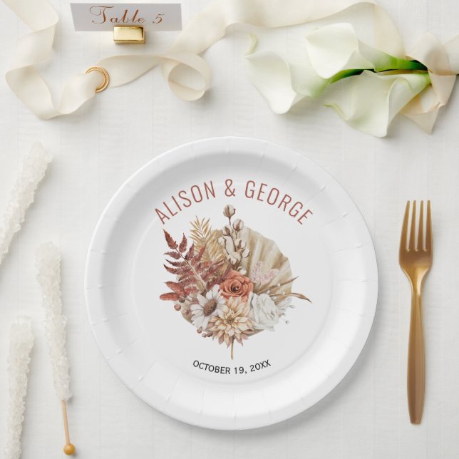 Autumn flowers, palm leaf terracotta fall wedding paper plate (Wedding)