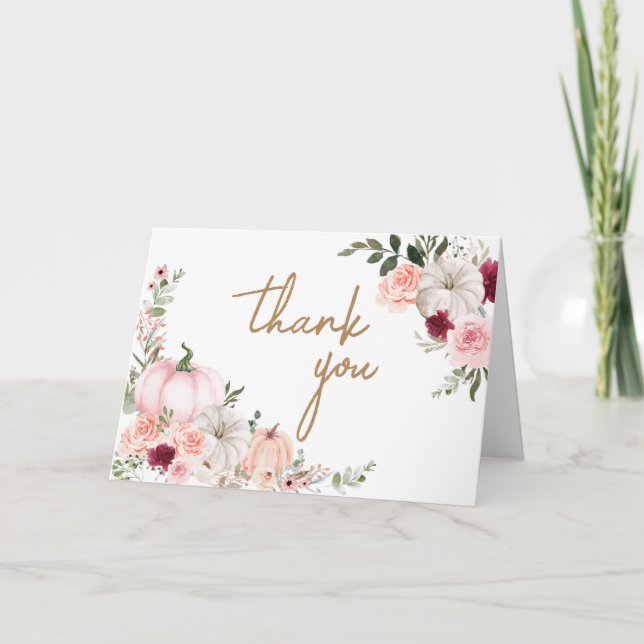 Autumn Flowers Pumpkin Baby Shower Thank You Card (Front)