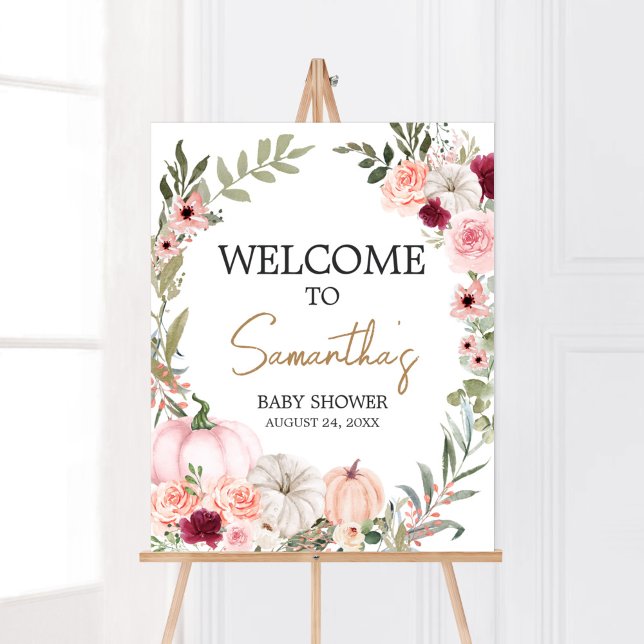 Autumn Flowers Pumpkin Baby Shower Welcome Poster (Autumn Little Pumpkin Baby Shower Welcome Sign)