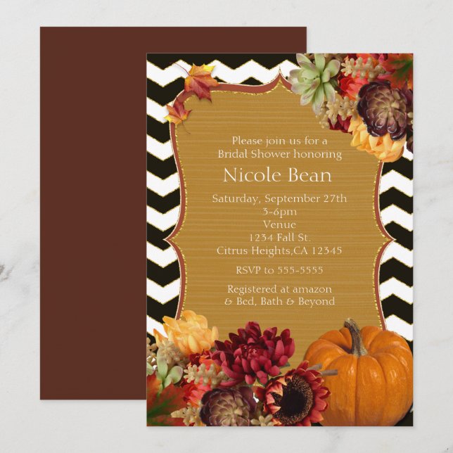Autumn Flowers & Pumpkin Black Gold Invitations (Front/Back)