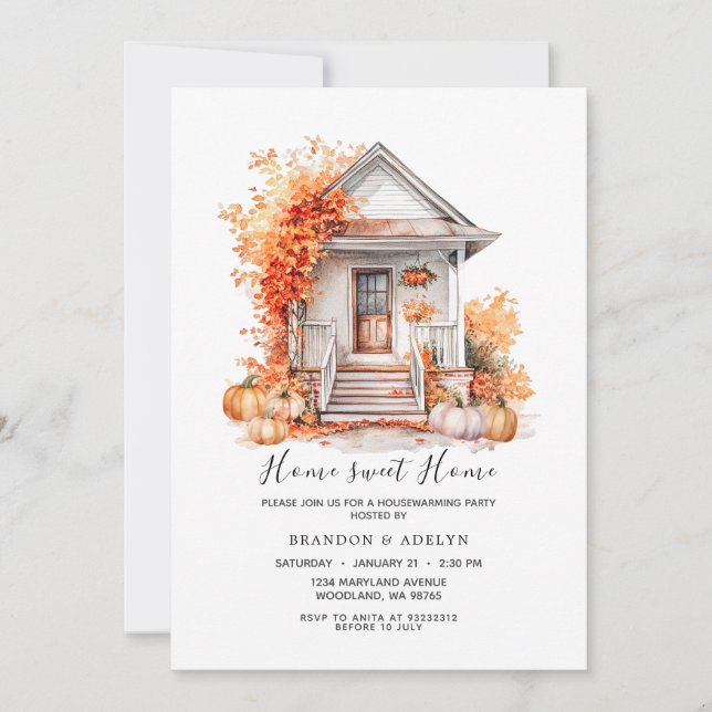 Autumn Flowers Pumpkin Home Sweet Home  Invitation (Front)