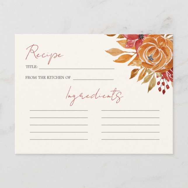 Autumn Flowers Rustic Bridal Shower game RECIPE Postcard (Front)