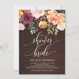 Autumn Flowers Rustic Wood Fall Bridal Shower Invitation