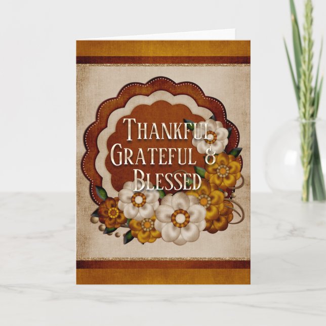 Autumn Flowers Thankful Grateful and Blessed Card (Front)