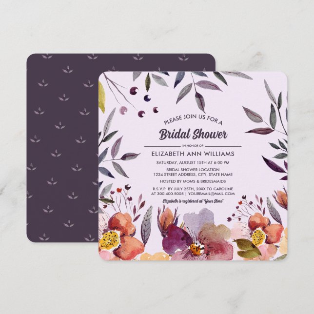 Autumn Flowers Watercolor Plum Bridal Shower  Invitation (Front/Back)