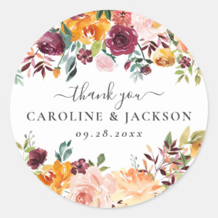 Autumn Flowers Wedding Thank You Classic Round Sticker