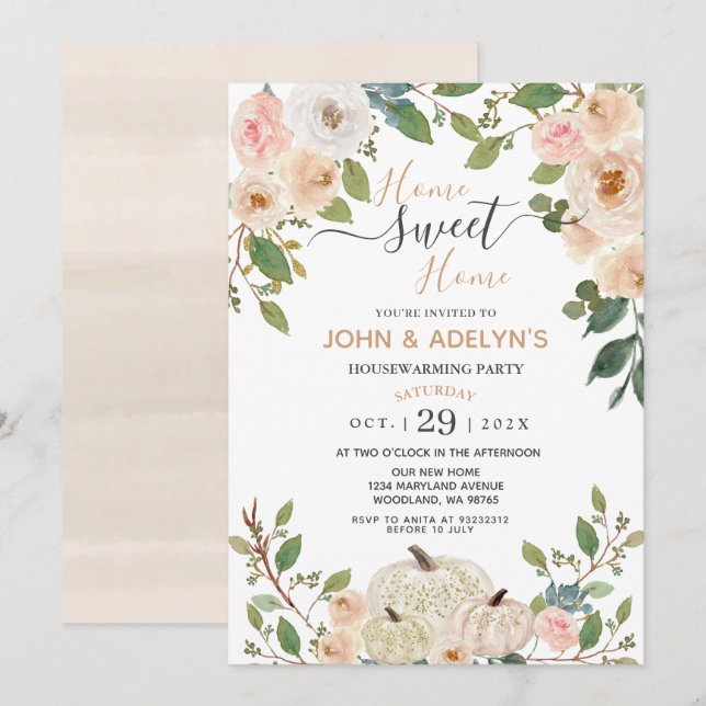Autumn Flowers White Pumpkin Home Sweet Home Party Invitation (Front/Back)