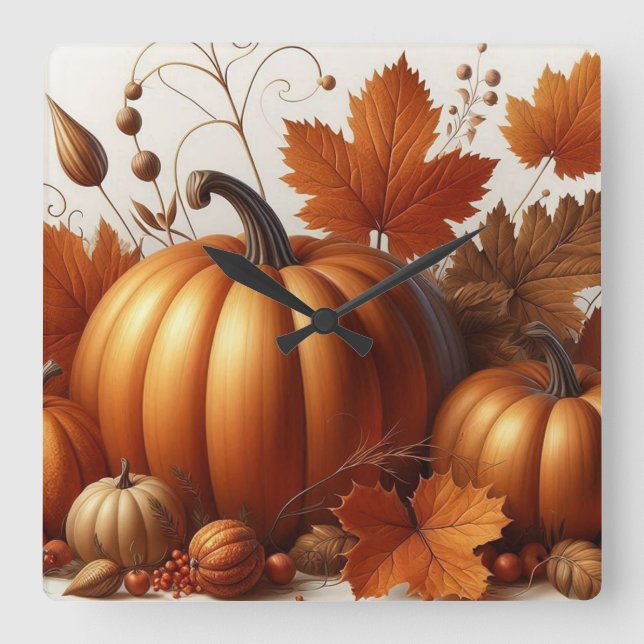 Autumn Foliage and Pumpkins Square Wall Clock (Front)