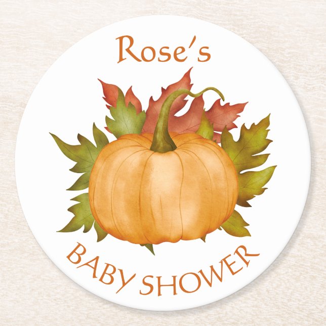 Autumn Foliage Pumpkin Fall Baby Shower Round Paper Coaster (Front)