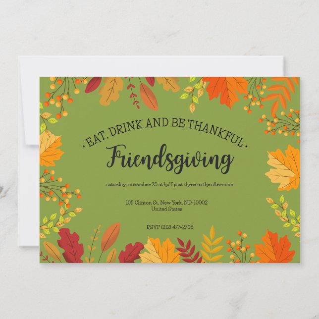 Autumn Foliage Thanksgiving Feast Green Invitation (Front)