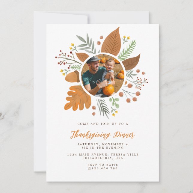 Autumn Foliage Wreath Thanksgiving Dinner Photo Invitation (Front)
