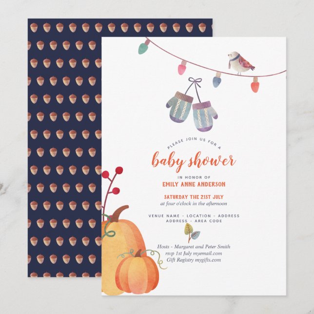 Autumn Folk Art Baby Shower Invitation Orange blue (Front/Back)