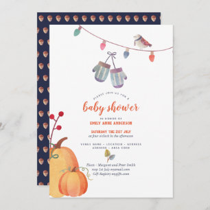 Autumn Folk Art Baby Shower Invitation Orange blue