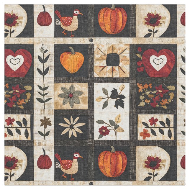 Autumn Folk Art Quilt Pattern | Rustic Botanical Fabric (Close Up)
