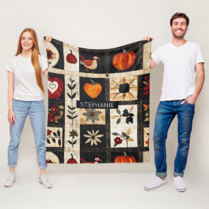 Autumn Folk Art Quilt Pattern Rustic Botanical Fleece Blanket