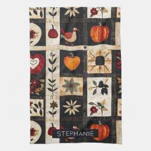 Autumn Folk Art Quilt Pattern   Rustic Botanical Tea Towel