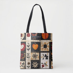 Autumn Folk Art Quilt Pattern   Rustic Botanical Tote Bag
