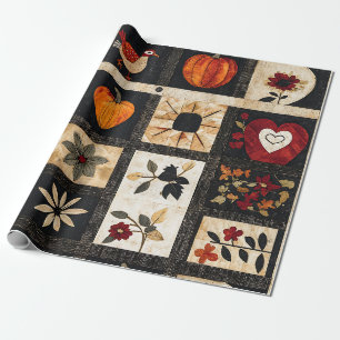 Autumn Folk Art Quilt Pattern   Rustic Botanical Wrapping Paper