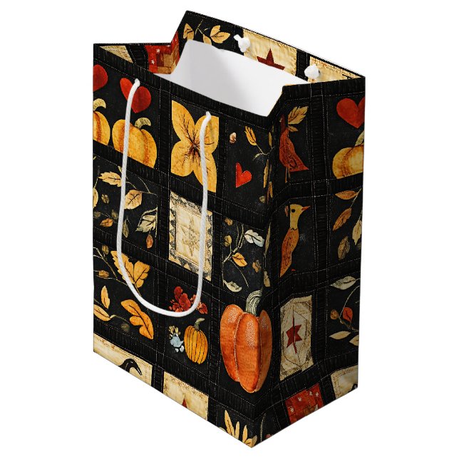 Autumn Folk Art Quilt Pattern | Rustic Patchwork Medium Gift Bag (Front Angled)