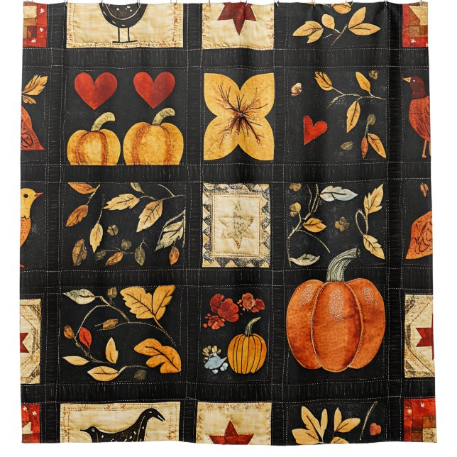 Autumn Folk Art Quilt Pattern | Rustic Patchwork Shower Curtain (Front)