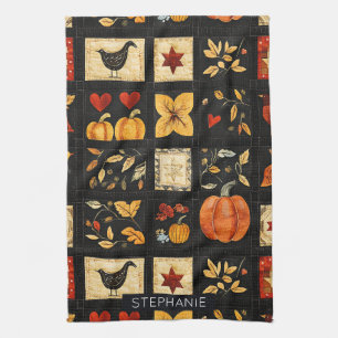 Autumn Folk Art Quilt Pattern   Rustic Patchwork Tea Towel