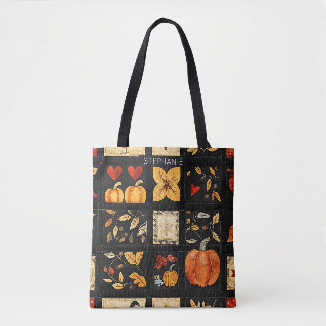 Autumn Folk Art Quilt Pattern | Rustic Patchwork Tote Bag (Front)