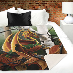 Autumn Forest Amber Dragon Birch Trees Fantasy Sherpa Blanket