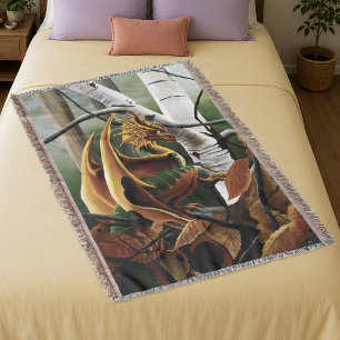 Autumn Forest Amber Dragon Birch Trees Fantasy Throw Blanket
