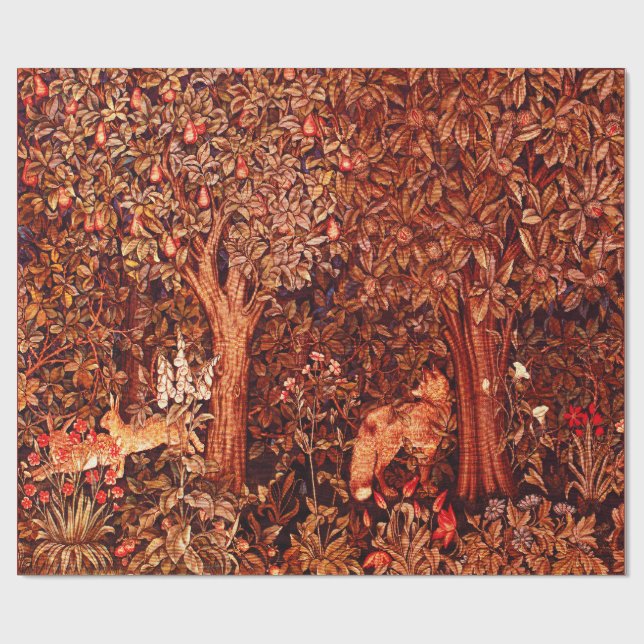 AUTUMN FOREST ANIMALS Hares,Fox,Red Brown Floral Wrapping Paper (Flat)