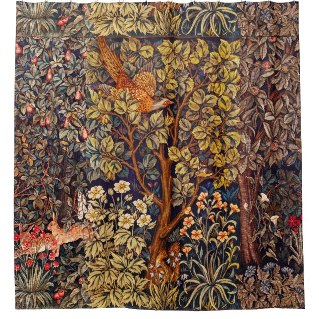 AUTUMN FOREST ANIMALS Hares,Pheasant,Brown Floral  Shower Curtain (Front)