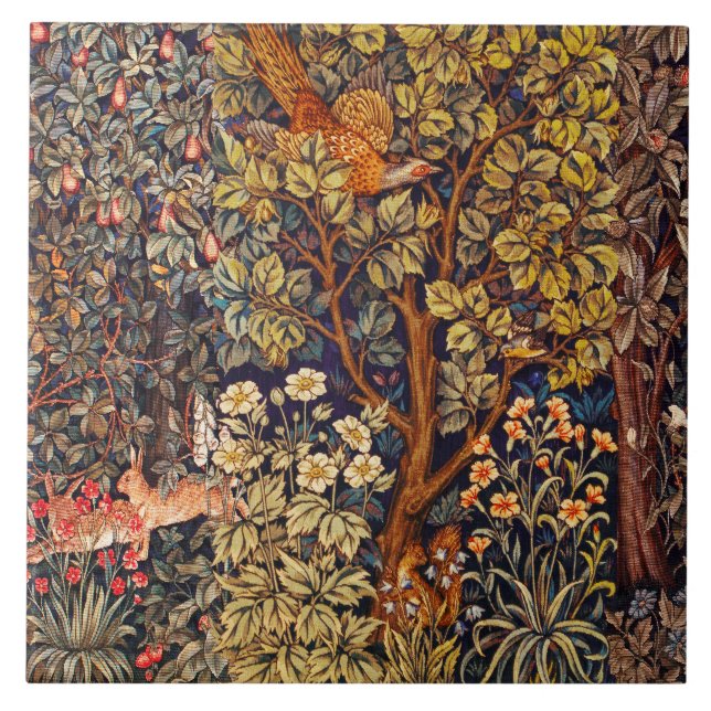 AUTUMN FOREST ANIMALS Hares,Pheasant,Brown Floral  Tile (Front)