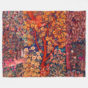 AUTUMN FOREST ANIMALS Hares,Pheasant,Red Floral  Fleece Blanket