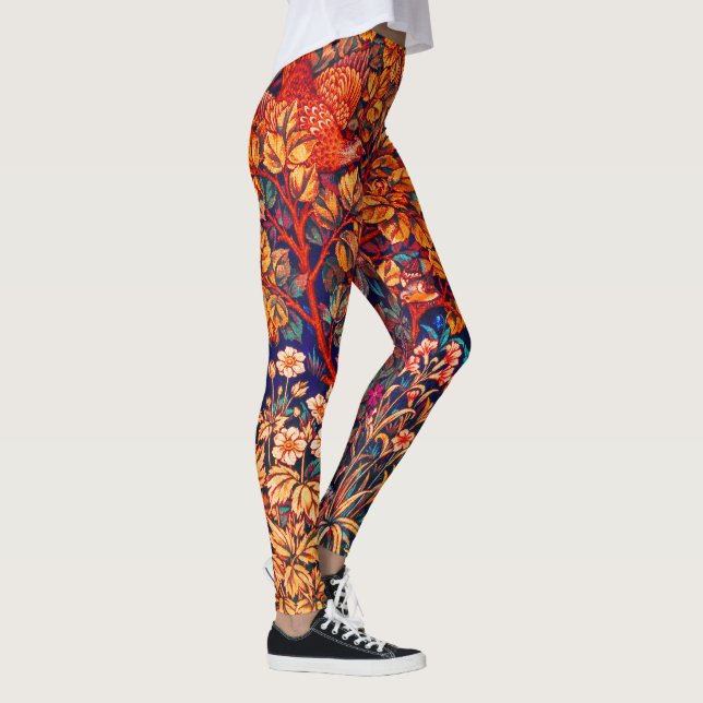 AUTUMN FOREST ANIMALS Hares,Pheasant,Red Floral  Leggings (Right)