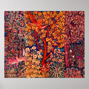 AUTUMN FOREST ANIMALS Hares,Pheasant,Red Floral Poster