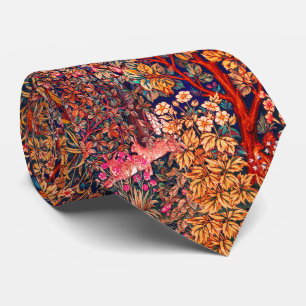 AUTUMN FOREST ANIMALS Hares,Pheasant,Red Floral  Tie