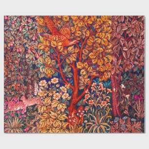 AUTUMN FOREST ANIMALS Hares,Pheasant,Red Floral  Wrapping Paper