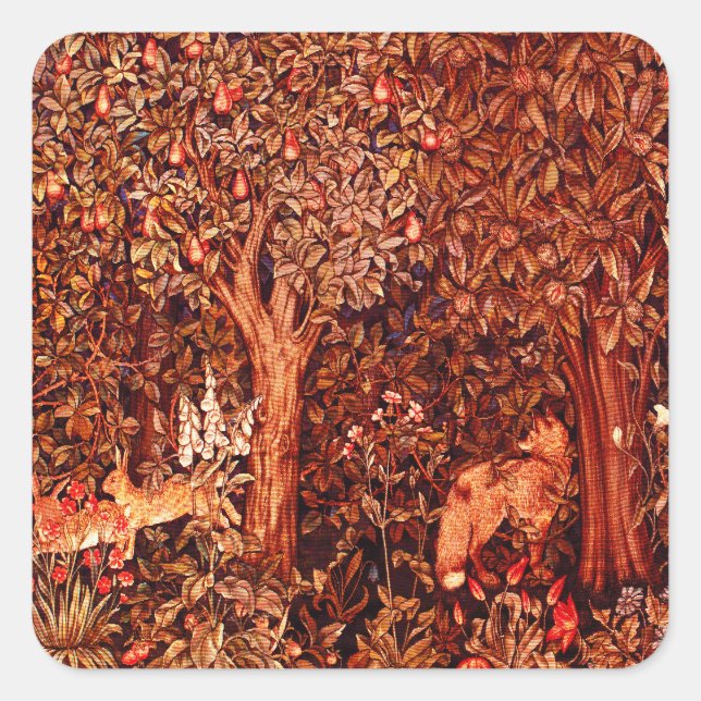AUTUMN FOREST ANIMALS Hares ,Red Fox,Brown  Floral Square Sticker (Front)