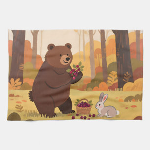 Autumn Forest Bear Rabbit Tea Towel