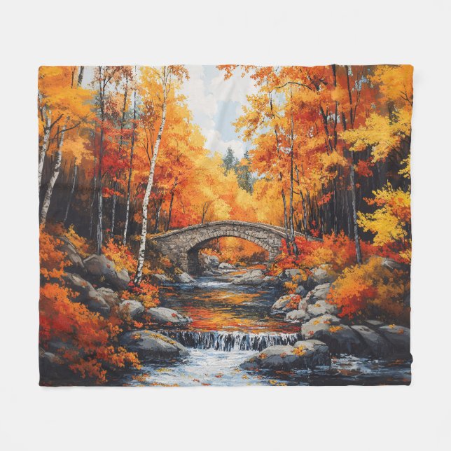 Autumn Forest Bridge Fleece Blanket (Front (Horizontal))