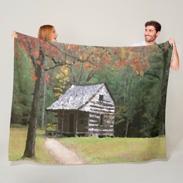 Autumn Forest Cabin Watercolor Art Painting Fleece Blanket (In Situ)