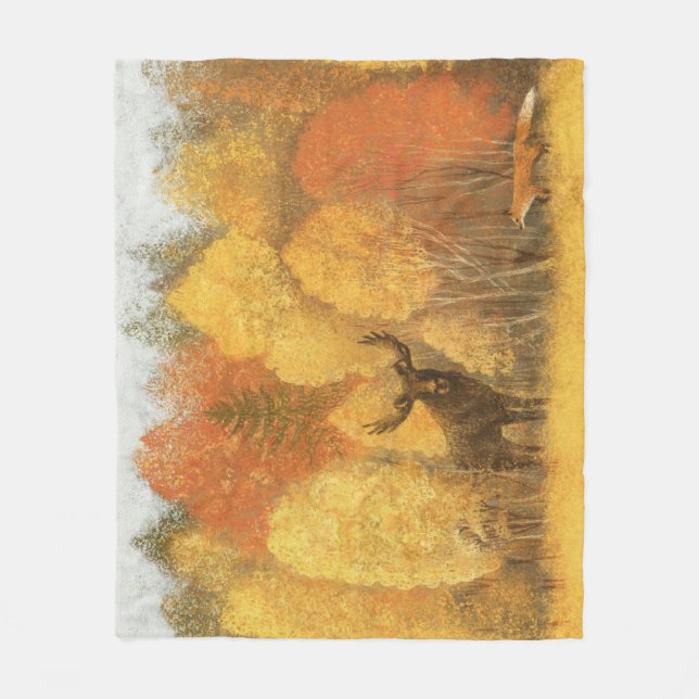 Autumn forest, digital deer and fox. fleece blanket (Front)