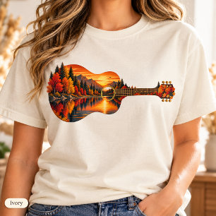 Autumn Forest Lake Reflection Shadow Guitar Lover T-Shirt