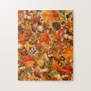 Autumn Forest Mushroom Pattern Cosy Fall Leaves Jigsaw Puzzle