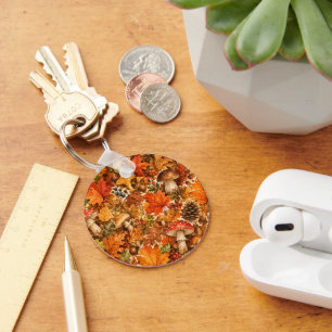 Autumn Forest Mushroom Pattern Cosy Fall Leaves Key Ring