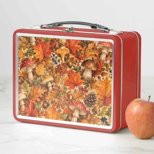 Autumn Forest Mushroom Pattern | Cosy Fall Leaves Metal Lunch Box (In Situ)