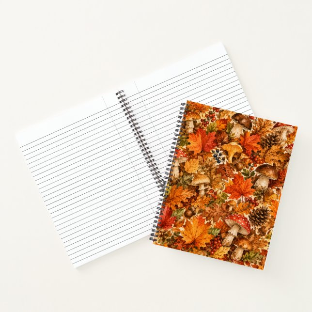 Autumn Forest Mushroom Pattern | Cosy Fall Leaves Notebook (Inside)